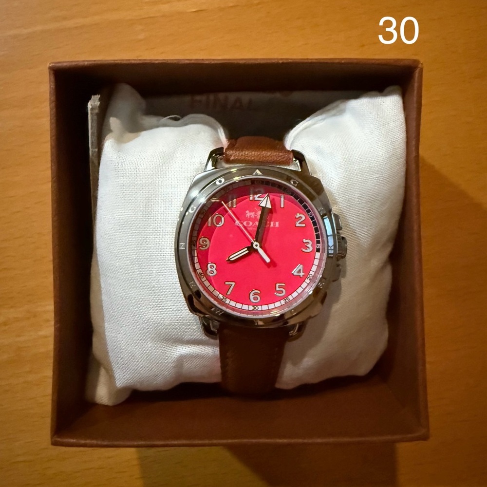 Coach Boyfriend Pink/Red Dial Watch with Brown Leather Straps. (30)